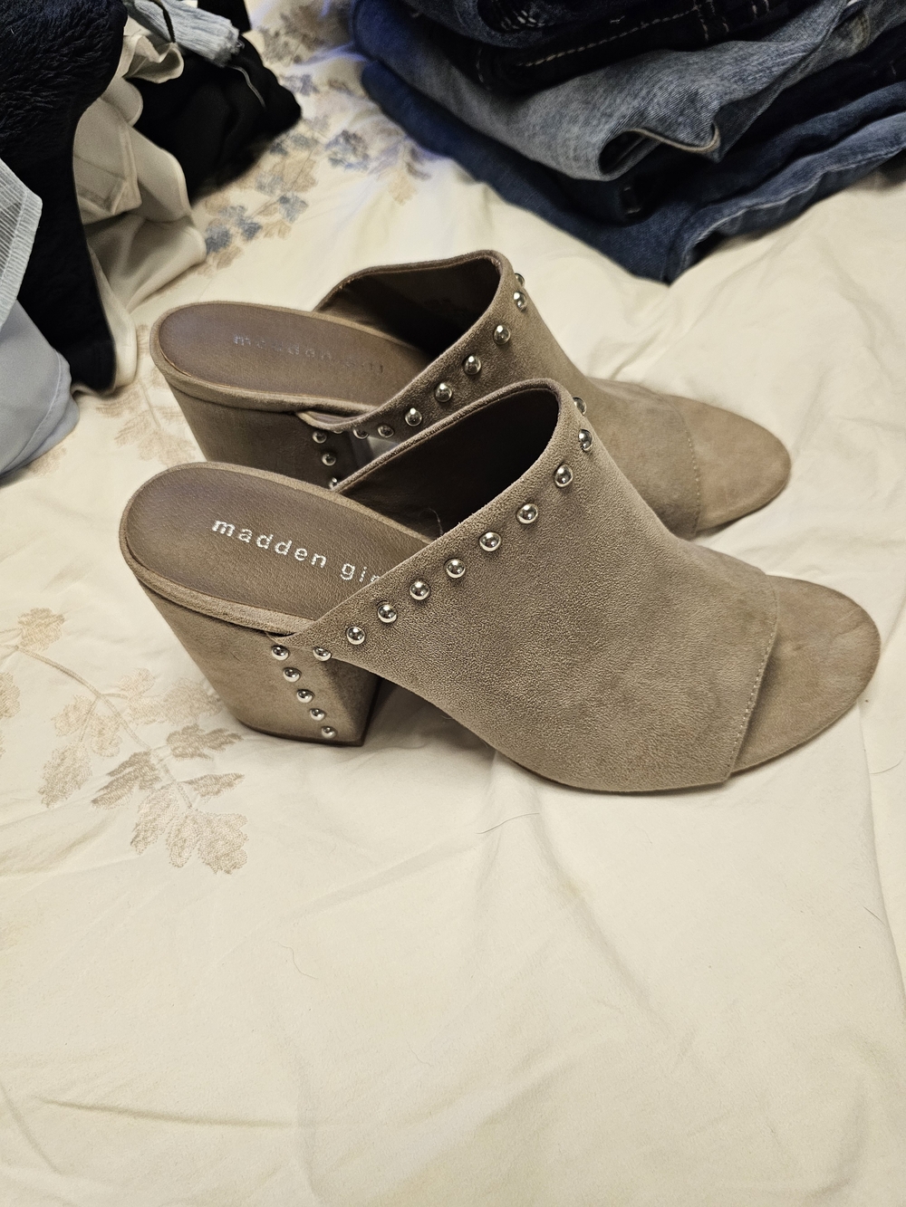 Madden Girl Taupe Studded Suede Open-Toe Mules